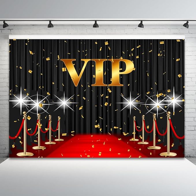 10x8ft VIP Backdrop Red Carpet Event Photography Background Black Curtain Star Catwalks Stage Film Movie Music Night Gold Banner Decorations Celebrity Activity Portrait Photo Booth Prop