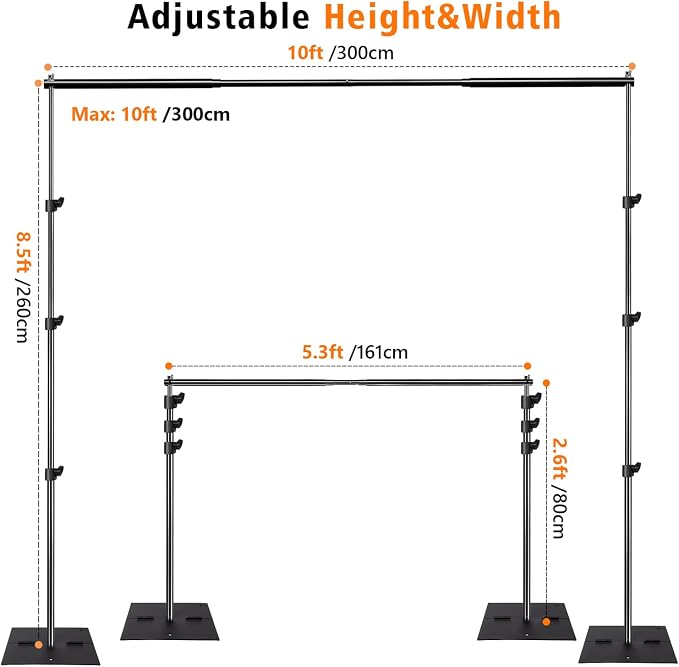 HYJ-INC Pipe and Drape Photography Backdrop Stand Kit Adjustable Photo Background Stand 10ft x 8.5ft with Metal Base for Parties Weddings Birthday Party Events Photo booth With 4 Clamps,Carrying Bag.