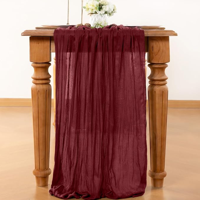 LINXTAR Burgundy Cheesecloth Table Runner 120 Inches 10Ft Gauze Summer Boho Table Runner for Wedding Tea Party Baby Shower Bridal Birthday Home Decoration