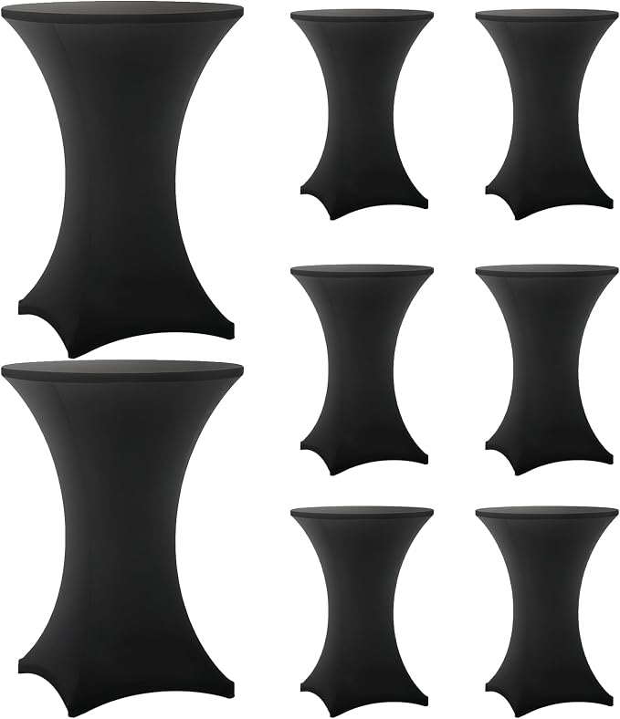 Cocktail Table Covers - 8 Pack 32x43 Inch Table Cloth - Black Fitted Stretch Spandex Round High Top Tablecloth for Party, Bar, Birthday, Pub, Banquet