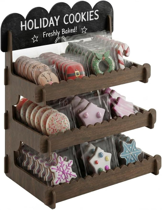 HOTCAN Cookie Display Stand for Bakers & Vendors - Wooden Cookie Stand with Chalkboard Sign for Market Booths, Craft Fairs & Events - Tiered Cookie Display for Cupcakes, Muffins & Pastries (Brown 3 Tire)