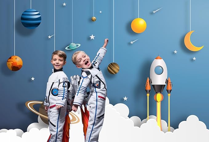 7x5FT Space Backdrop Cartoon Universe Planet Galaxy Rocket Photography Background Kids Boys Girls Birthday Party Baby Shower Decorations Banner Photo Booth Props