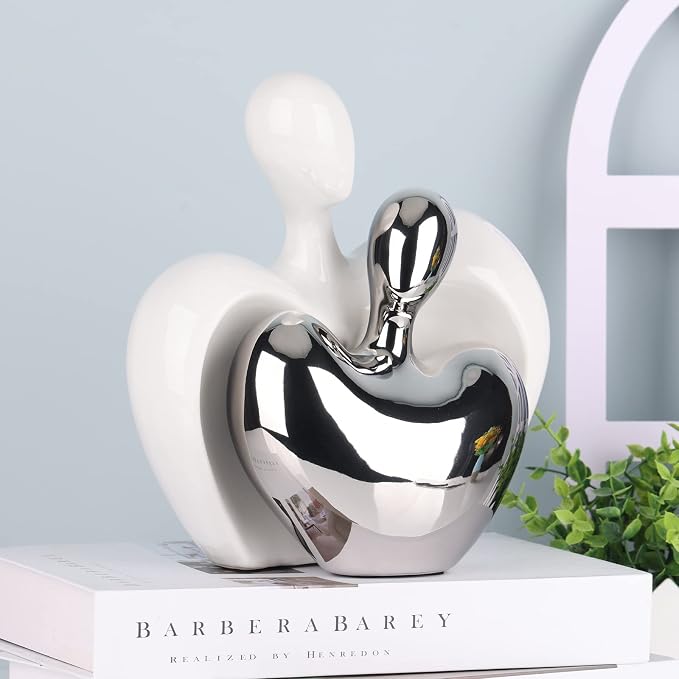 DOVDOV Silver and White Ceramic Couple Statue, Modern Home Decor Love Statue, Romantic Abstract Couple Art Sculpture, Living Room Office Bookshelf Bedroom Decorations