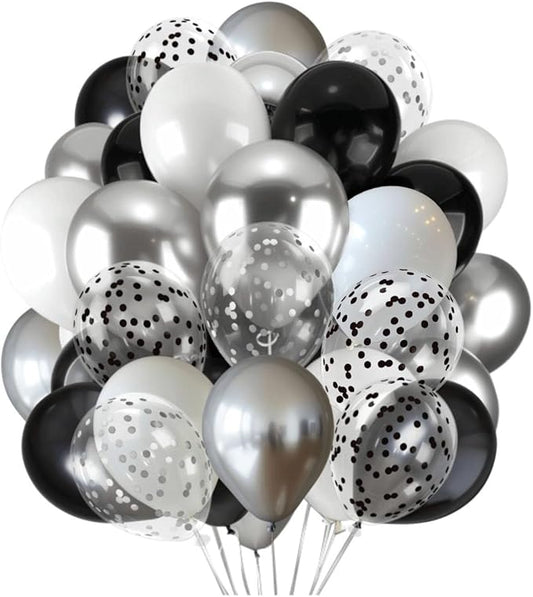 300 Pcs Black Silver Confetti Balloons Set Lncludes 12 inch Black White Silver and Confetti Balloon for Birthday Party Supplies Wedding Graduation Decorations