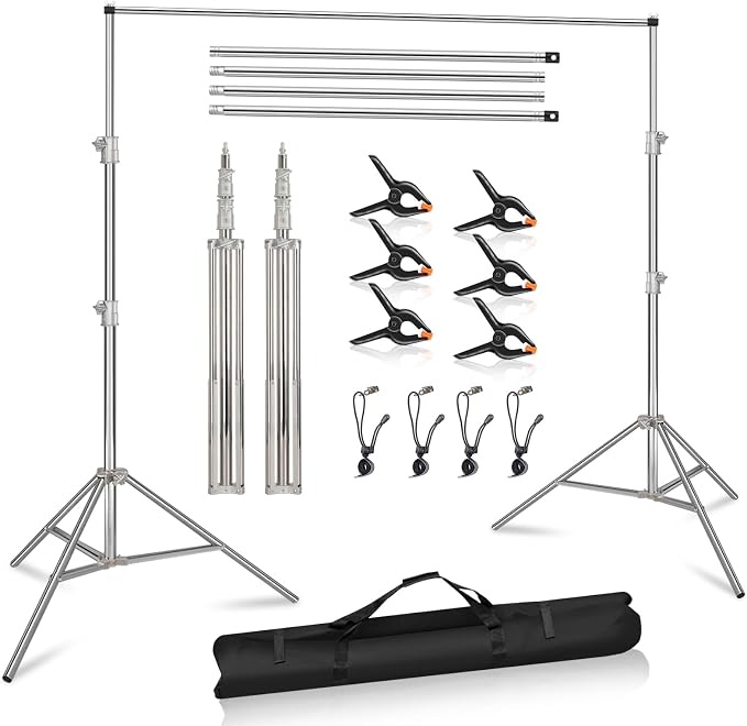 Photo Backdrop Stand 8.5 x10Ft Stainless Steel Heavy Duty Back Drop Adjustable Stand with Clamps Clips Carry Bag, Background Support System Kit, Backdrop Frame for Photography, Party, Wedding