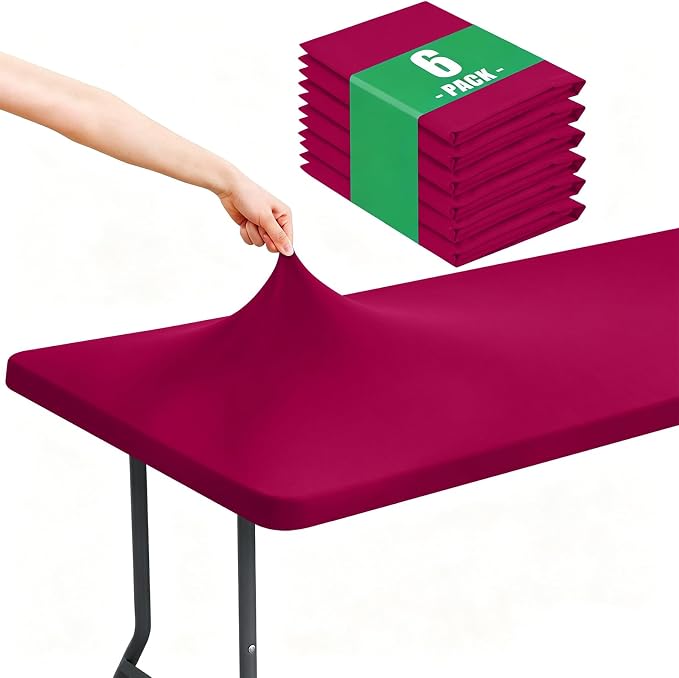 Moosfor Spandex 6 Foot Rectangle Table Cloth 6 Pack, Elastic Fitted Tablecloths for Picnic, Stretch Washable Patio Table Cover for Outdoor, Camping, Banquet and Parties (Fuchsia, 30"x72")