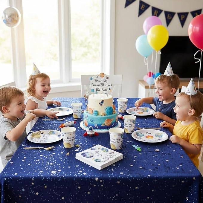 96 PCS First Trip Around The Sun Decorations,Outer Space Party Decorations 1st Birthday Party Supplies Plates Napkins Cups Set,Space Theme First Birthday Party Decorations for Boy Girl