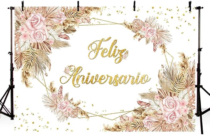 MEHOFOND 7x5ft Boho Feliz Aniversario Backdrop Mr and Mrs Engagement Banner Bohemia Happy Anniversary Wedding Valentines Decorations Blush Pink Floral Photography Background Studio Props