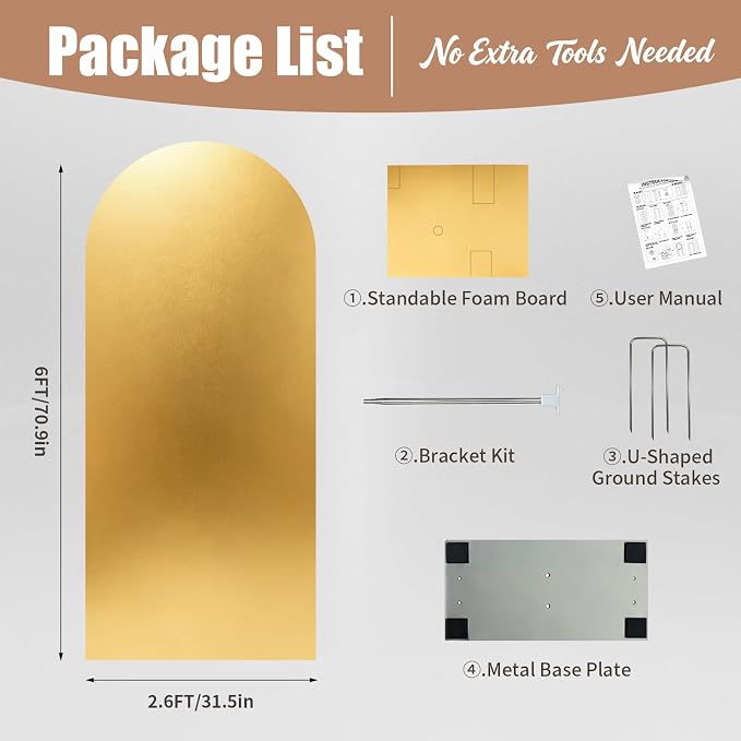 6FT Arch Backdrop with Stand Set, No-Tip Stability Foam Board Photo Booth Background for Wedding Birthday Party Ceremony Baby Shower Banquet Decoration Reusable - GlossyGold