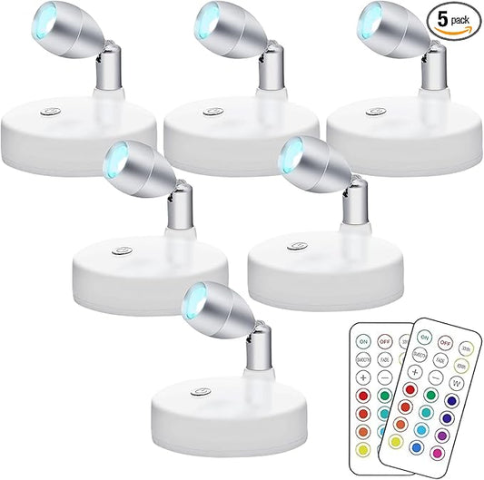 KINDEEP Spotlight Battery Operated, RGB Wireless LED Puck Light, Stick on Mini Accent Light, Dimmer & Timer Uplight with Remote, 4000K Warm White, for Picture Artwork Painting Plants 6 Pack