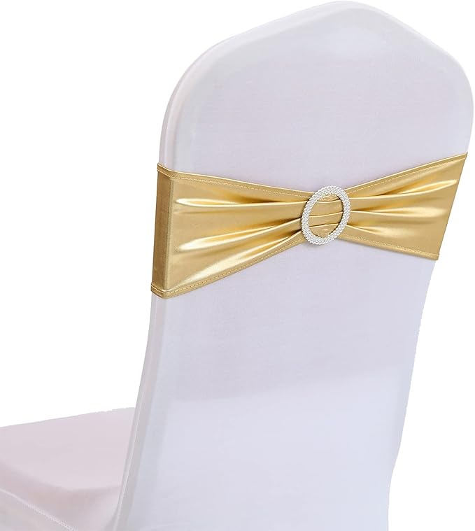 Dimatic Spandex Chair Sashes Bands 30PCS Stretch Chair Cover Ties Bows with Buckle Slider Wedding Party Reception Banquet Decoration (Metallic - Gold)