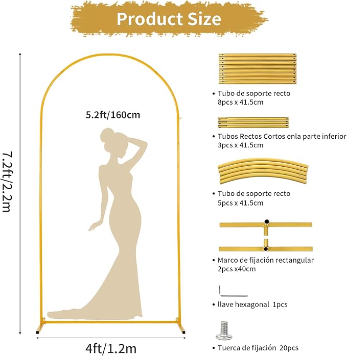 7.2FT Gold Arch Backdrop Stand, Metal Wedding Arch Frame for Ceremony, Balloon Arch Stand for Party, Birthday, Bridal Shower, Baby Shower Decorations