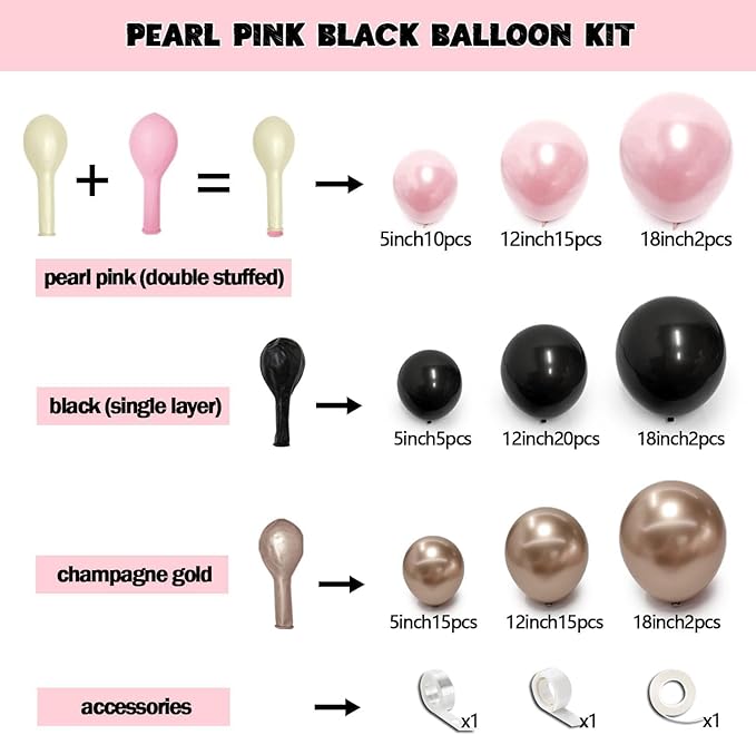 Pink Black Balloon Arch Kit - Double Stuffed Pastel Pearl Baby Pink Balloon Garland with Champagne Rose Gold Balloons for Birthday Bridal Baby Shower Wedding Graduation Party Decoration