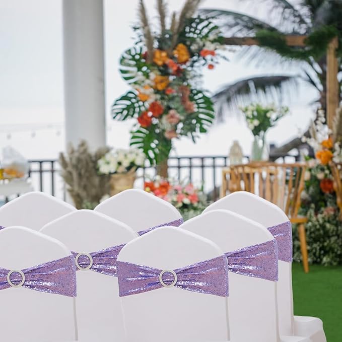 Pack of 50 Sequin Lavender Chair Sashes Bands with Buckles, All Around Sequins Chairs Bows for Party Wedding Fiesta Engagement Banquet Bridal Shower Anniversary Decor Glitter Chairs Ties