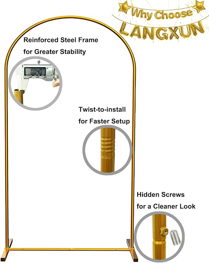 LANGXUN Gold Metal Arch Backdrop Stand Set, 7.2ft / 6.6ft / 6ft Balloon Arch Frame for Wedding Birthday Party Baby Shower Graduation Anniversary Decoration, Thickened Steel Tube (7.2ft 1 pc)