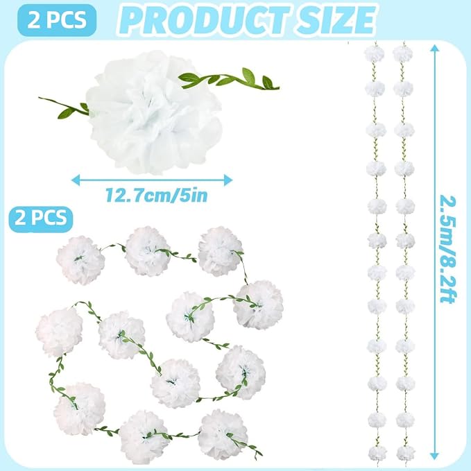 White Tissue Paper Pom Pom Garlands, Paper Flowers for Birthday Decorations, Baby Shower, Wedding Engagement, Bridal Shower, Spring Summer Party Decorations, 2 Pcs