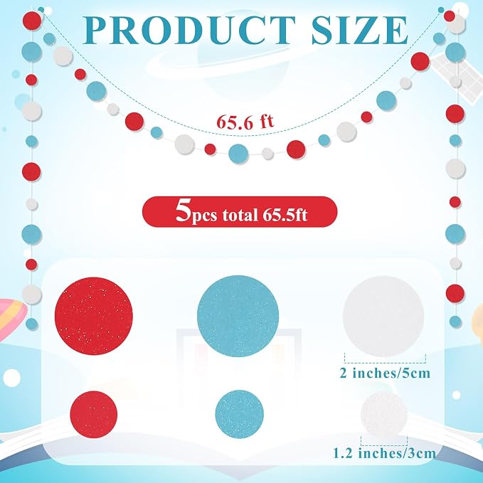 Outus 5 Pieces Colorful Circle Garland Banner Hanging Paper Dot Decorations for Classroom, Birthday Party, Baby Shower, Wedding Backdrop & Photo Booth Graduation Decor (Light Blue,White,Red)