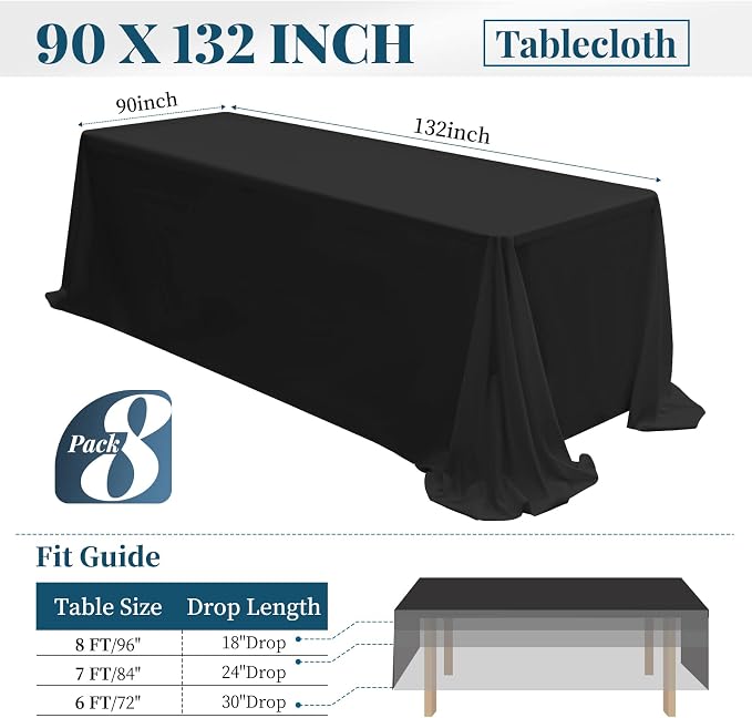 Fani 8 Packs 90 x 132 Inch Black Polyester Tablecloth, Rectangular, Wrinkle Resistant, For 6ft Tables, Formal & Casual Events
