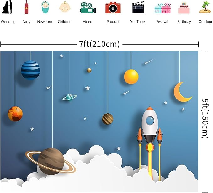 7x5FT Space Backdrop Cartoon Universe Planet Galaxy Rocket Photography Background Kids Boys Girls Birthday Party Baby Shower Decorations Banner Photo Booth Props