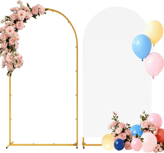 7.2FT Metal Arch Backdrop Stand and Cover Set, Gold Arch Stand with Cover, Easy to Assemble, Pretty Wedding Arch for Birthday Party, Wedding Ceremony and Baby Shower