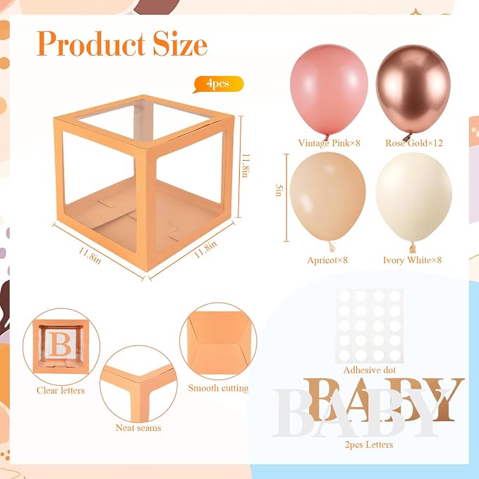 Zhanmai baby Boxes for Bear Baby Shower Decoration with 4 Letters 36 Balloons 4 Transparent Clear Balloon Box Blocks for Boy Girl Gender Reveal Party Favors(Rose Gold,Pink,Apricot,Ivory)