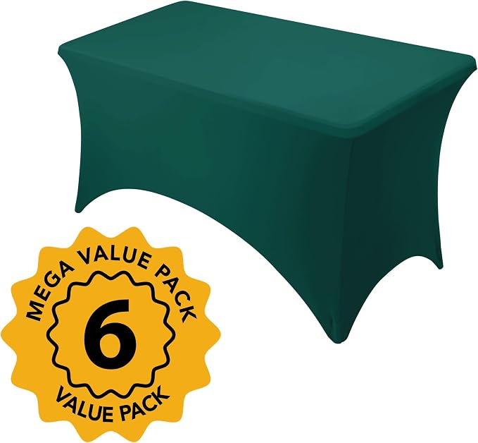 6-Pack Premium Hunter Green Spandex Tablecloths for 4ft Rectangle Tables, Stain & Wrinkle-Resistant, Washable Stretch Polyester Fitted Table Cover for Weddings, Banquets, Trade Shows Events