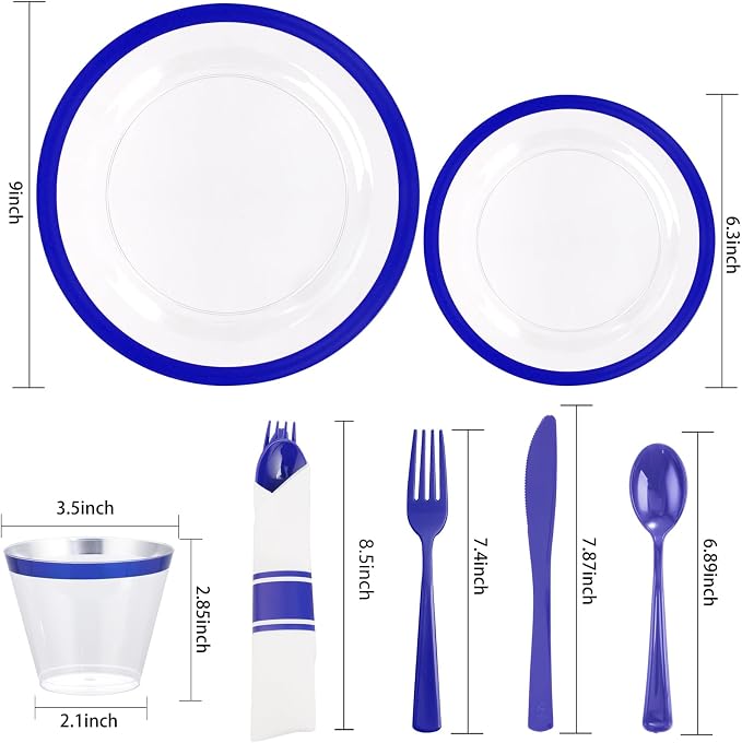Liacere 350PCS Blue Plastic Plates - Clear with Blue Trim for 50Guests Dinnerware Include 100 Clear Plates disposable 150 Silverware 50Napkins for Wedding＆party&Graduation&Summer
