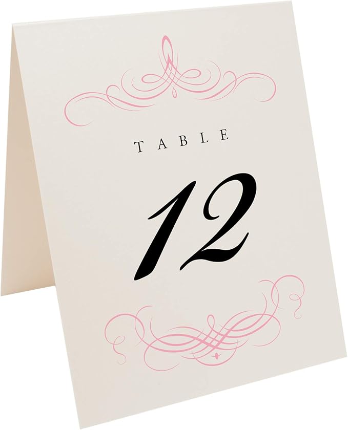 Decadent Flourish Wedding Table Numbers (Select Color/Quantity), Champagne, Pink, 1-50, Double Sided, Tent or Use in a Stand, Great for Parties & Restaurants - Made in the USA