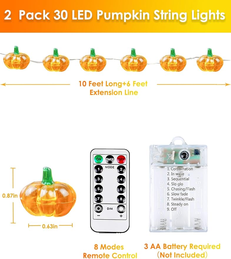 2 Pack 60LED Fall Decorations 3D Pumpkin String Lights Battery Operated, 20FT Orange Fall Lights with Remote & Timer, Waterproof 8 Modes Fairy Twinkle Light for Harvest Thanksgiving Halloween Decor