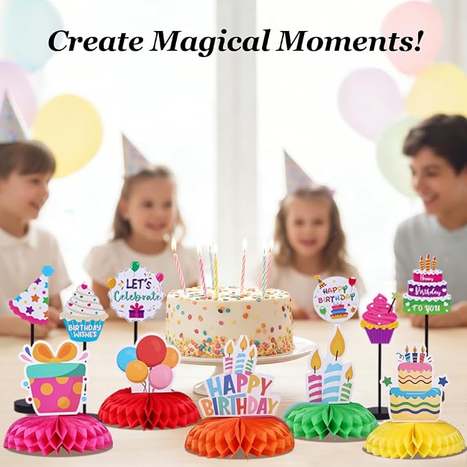 15 Pcs Birthday Table Centerpieces Set - Colorful Honeycomb Balls & Wooden Table Standing Sign Decor Kit for Party, Home Celebration Supplies