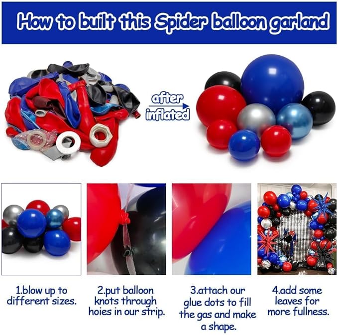 Red Blue Black Balloon Arch Garland Kit Double Stuffed Black Red Balloons Royal Blue Silver Balloon Garland with Star Foil Balloons for Baby Shower Birthday Graduation Spider Hero Themed Party Decor