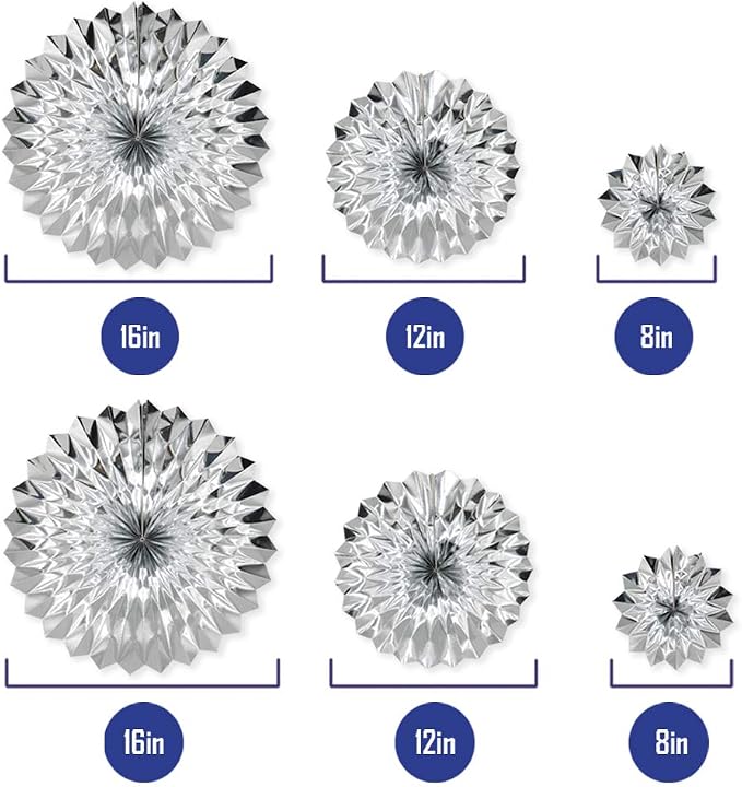 Hanging Paper Fans Party Set, Silver Round Pattern Paper Garlands Decoration for Birthday Baby Shower Graduation Retirement, Set of 6