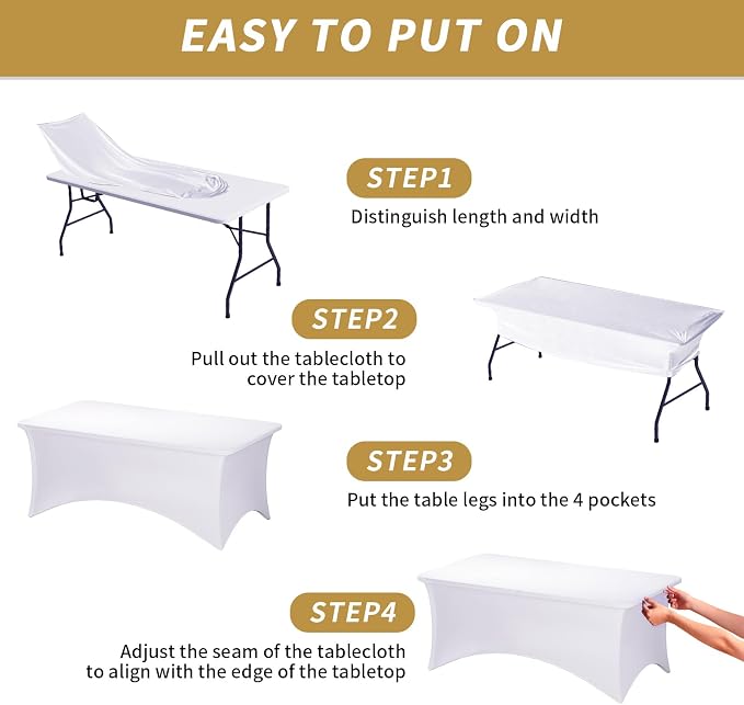 Fixwal 3 Pack White Table Cloths Rectangle 6FT, Tablecloths Rectangular Stretch Spandex Fitted Table Covers 6FT for Party, Trade Show, Banquet, Wedding, Buffet, Graduation Decoration