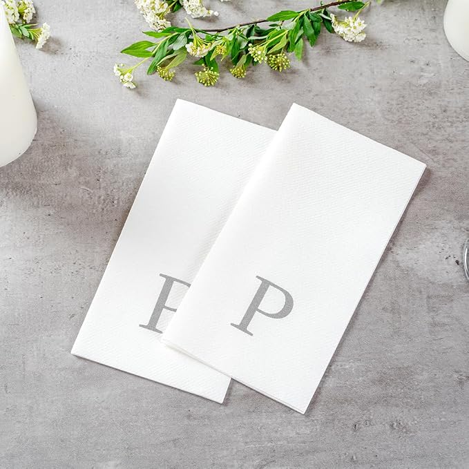 Luxenap 15.8 X 7.9 Inch Linen-Feel Guest Towels, 2000 Lettered Hand Towels - Silver Letter 'P', Sans Serif Font, White Paper Dinner Napkins, airlaid, For Restrooms And Tables - Restaurantware