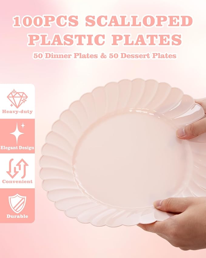 YOUBET 100PCS Pink Scalloped Plastic Plates - Heavy Duty Pink Disposable Fancy Hard Plates Include 50 Dinner Plate, 50 Dessert Plate, for Wedding & Party