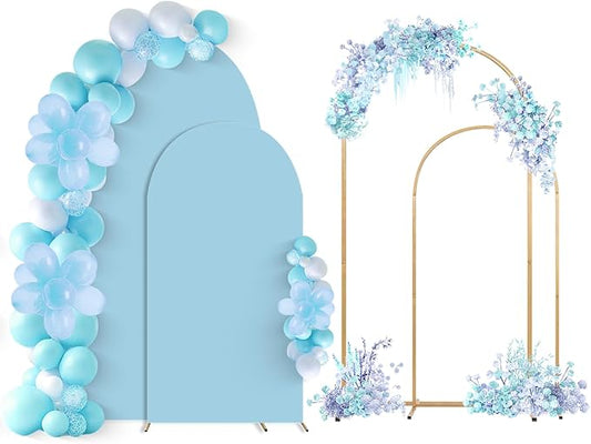 SuuWoee Arch Backdrop Stand Set of 2 With Blue Cover (7.2FT+6FT),Gold Metal Wedding Arch Balloon Stand With Cover for Birthday Party Baby Shower Graduation Ceremony Decoration