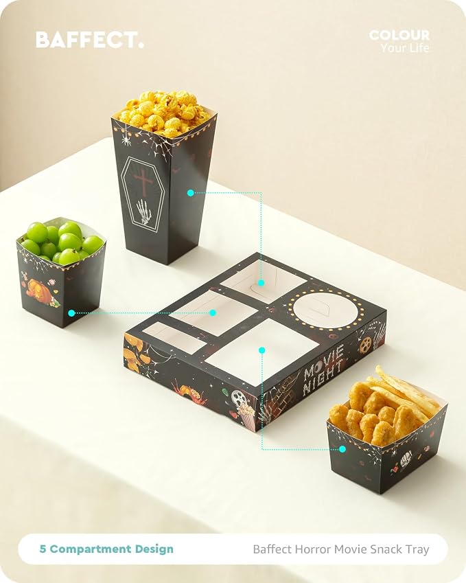 Baffect Movie Night Snack Trays 100pcs Include 20 Movie Night Trays, 20 Popcorn Boxes, 20 Salad Bowls, 20 Nacho Bowls, 20 Movie Party Invitations, Horror Movie Night Supplies for Nacho Bar