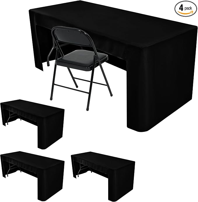 HolidayIdeas 4-Pack 6ft Open Back Fitted Tablecloths for Craft Shows Black | 3-Sided coverage wrinkle resistant tablecloths for vendor booths,banquet events,outdoor pop-up shop