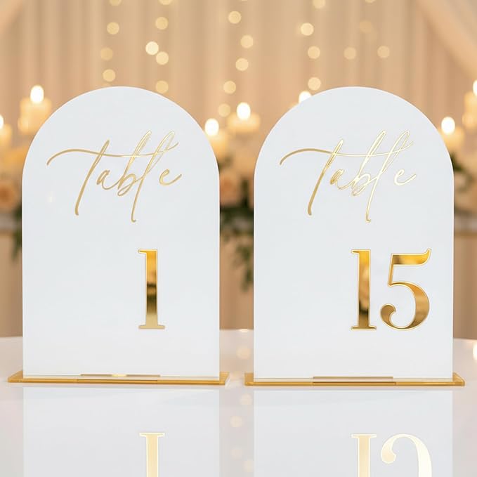Wedding Table Numbers 1-15 with Holders,5x7 inch Arch Acrylic Table Numbers Signs with Gold Foil Embossed for Wedding Reception, Anniversary, Birthday,Party and Events Decor