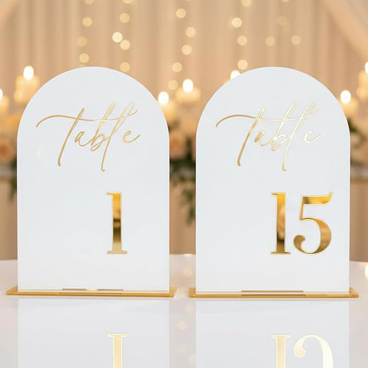 Wedding Table Numbers 1-15 with Holders,5x7 inch Arch Acrylic Table Numbers Signs with Gold Foil Embossed for Wedding Reception, Anniversary, Birthday,Party and Events Decor