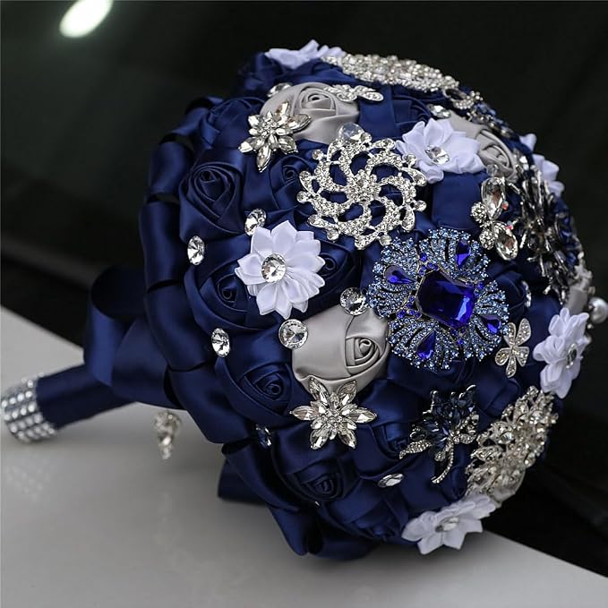Navy Blue and Silver Grey Bridal Bouquet with Luxury Bling Rhinestone Brooch Wedding Bouquet for Bride Bridesmaid Quinceanera Satin Rose Flower Bouquet Wedding 7.1in