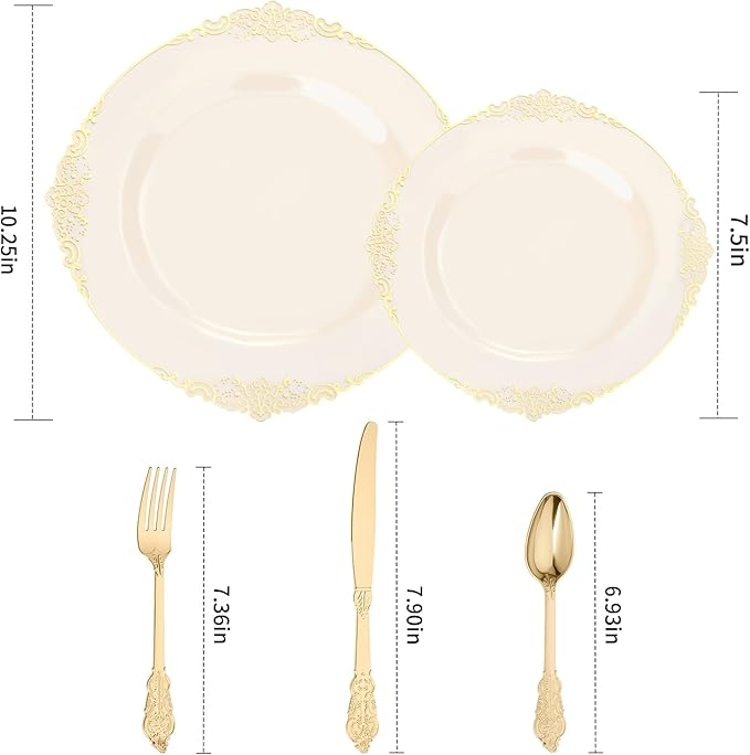 Goodluck 250 PCS Vintage Ivory & Gold Rim Plastic Plates with Cutlery Set - Serves 50 - Heavy Duty Elegant Disposable Dinnerware for Rustic Wedding, Boho Party, Tea Party