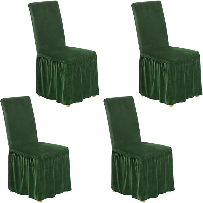 NICEEC Spandex Chair Covers for Dining Chairs Covers Set of 4 Removable Dining Room Chair Covers with Skirt Parson Chair Slipcovers Washable Chair Protector for Kitchen Wedding Party Banquet(Green)