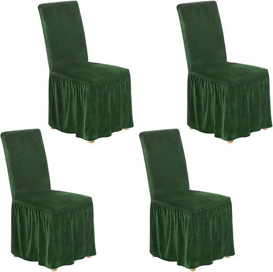 NICEEC Spandex Chair Covers for Dining Chairs Covers Set of 4 Removable Dining Room Chair Covers with Skirt Parson Chair Slipcovers Washable Chair Protector for Kitchen Wedding Party Banquet(Green)