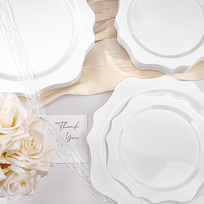 realluck 100 PCS White Disposable Plates for 50 Guests, Scalloped Plastic Plates Include 50 Dinner Plates and 50 Dessert Plates for Party, Wedding
