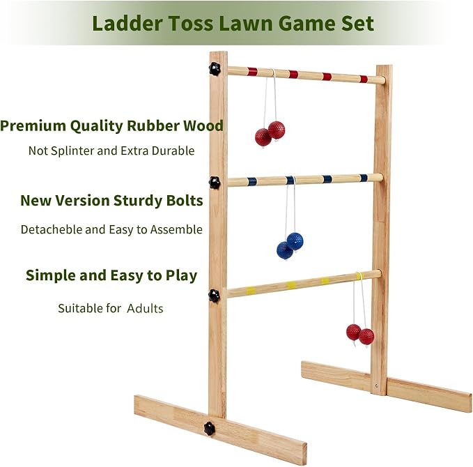 ApudArmis Ladder Toss Game Set, 35x26In Pine Wooden Golf Ladder Lawn Game with 6 Bolos Balls and Carrying Case - Outdoor Backyard Game for Teens Adults Family（New Version Sturdy Bolts）