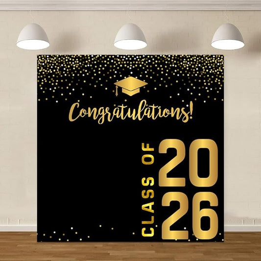 ChloropLastid 10x10ft Black Gold Graduation Backdrop Class of 2026 Glitter Photography Background Minimalist Circular Dots Graduation Backdrop for Graduation Prom Send Off Party Photo Banner Decor