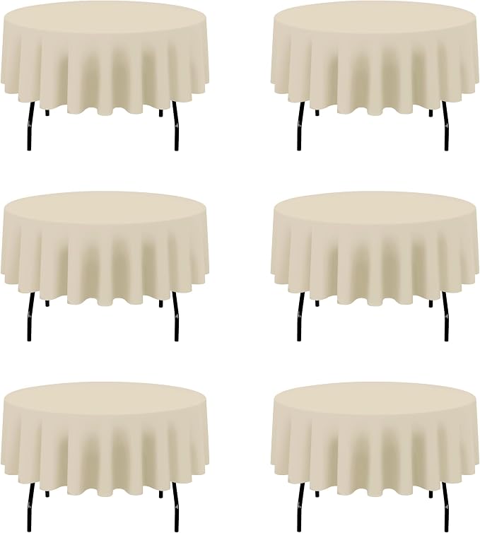 BRILLMAX 6 Pack Beige Round Tablecloths 90 Inch for 60” Tables - 150 GSM Polyester Fabric, 15" Standard Drop, Water, Stain & Wrinkle Resistant Cloth Cover for Wedding Reception Banquet Dining