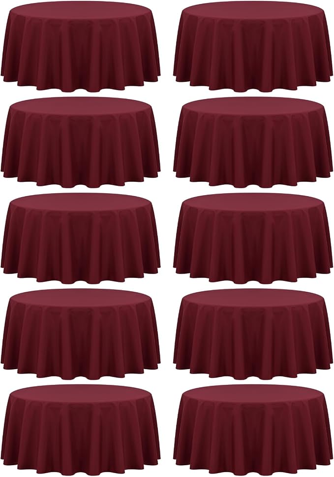 10 Pack 120 Inch Round Tablecloth, Burgundy Polyester Fabric Table Cloth for Round Table, Stain and Wrinkle Washable Table Cover for Wedding Party Dining Table Buffet Banquet Restaurant and Camping