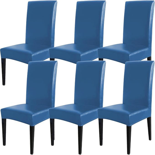 Qubjus Dining Chair Covers, Solid Pu Leather Waterproof Oilproof Stretch Dining Chair Protector Cover Slipcover (Blue, 6 Pack)